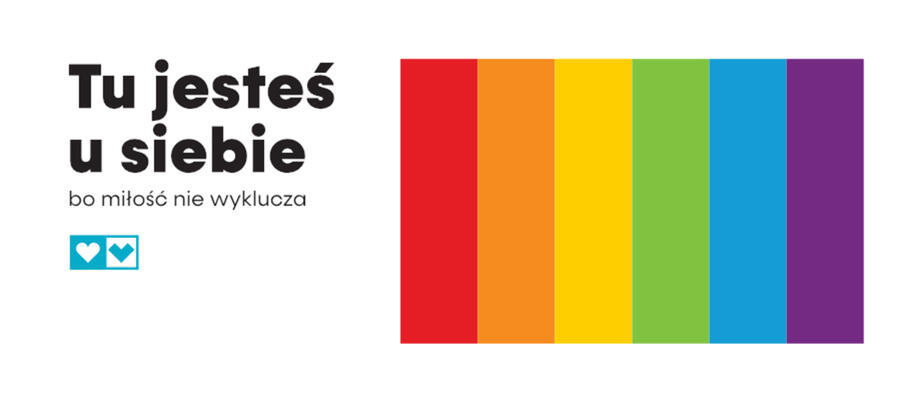 Grafika kampanii "Tu jesteś u siebie" z tęczową flagą i logo Kampanii przeciwko homofobii